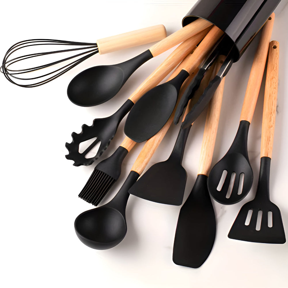12 Piece Silicone Cooking Utensils Set With Bamboo Handles