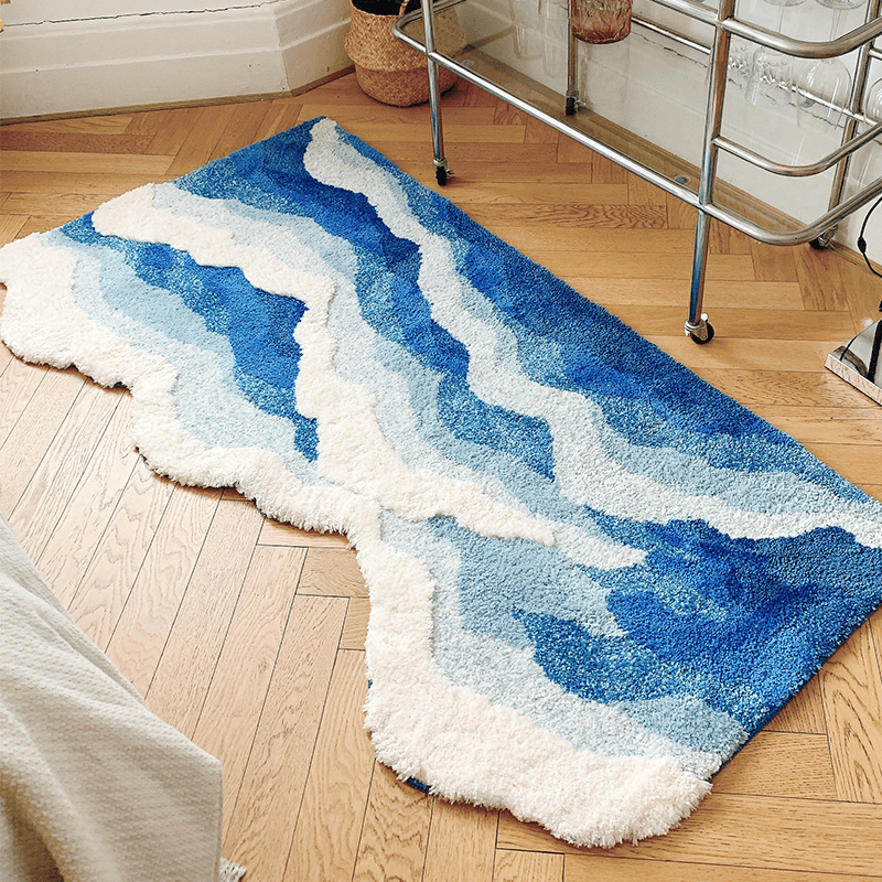 Tufted Blue Sea Waves Bedside Accent Rug