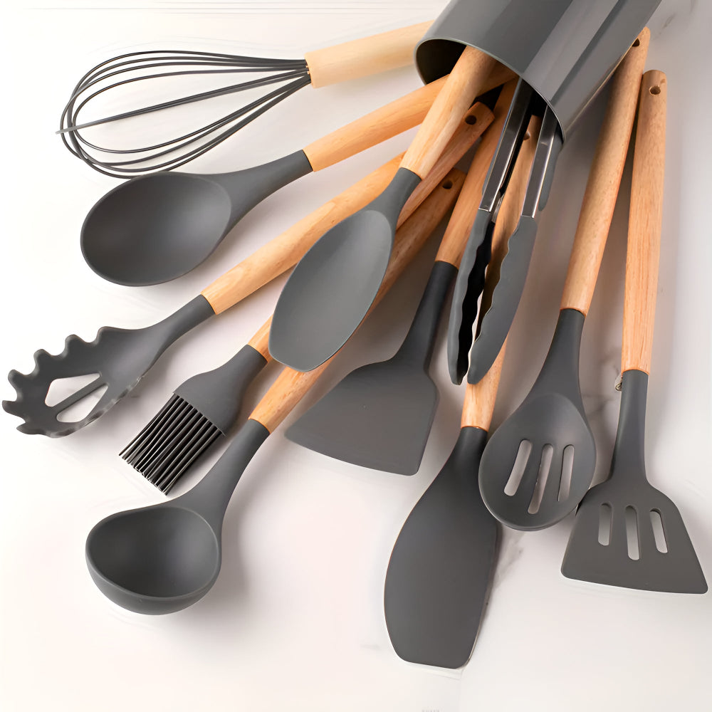12 Piece Silicone Cooking Utensils Set With Bamboo Handles