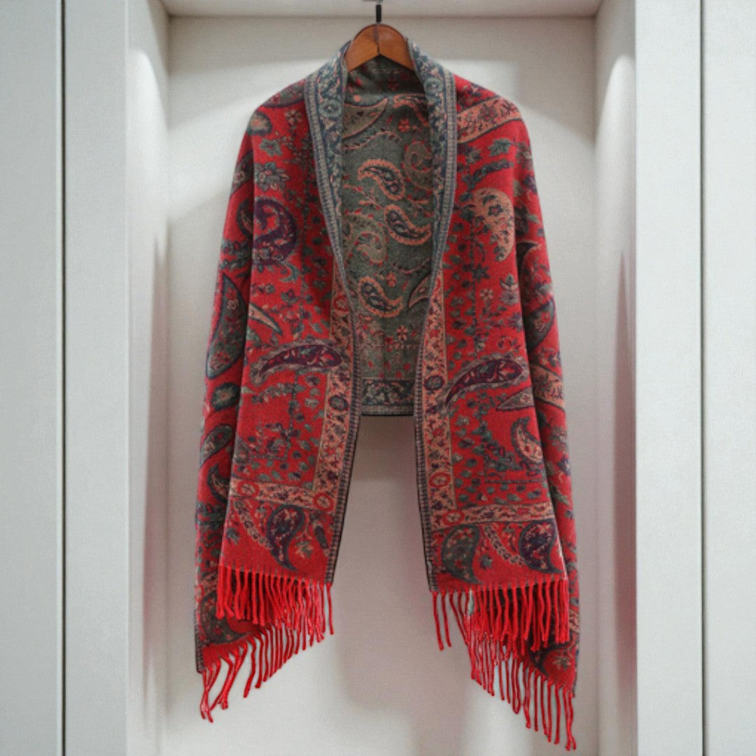 Double Sided Paisley Winter Poncho Shawl for Women