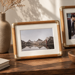 Brooks solid wood tabletop photo frame on a wooden shelf