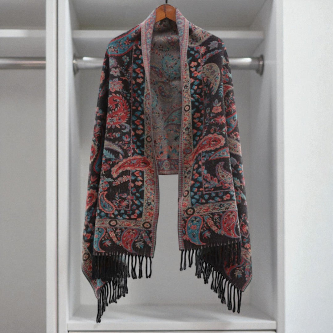 Double Sided Paisley Winter Poncho Shawl for Women
