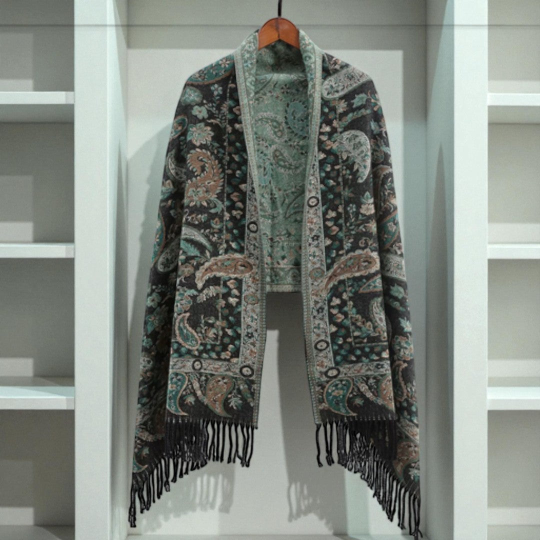Double Sided Paisley Winter Poncho Shawl for Women