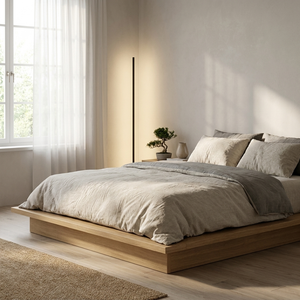 Aurel Corner Floor Lamp styled in a minimalist bedroom
