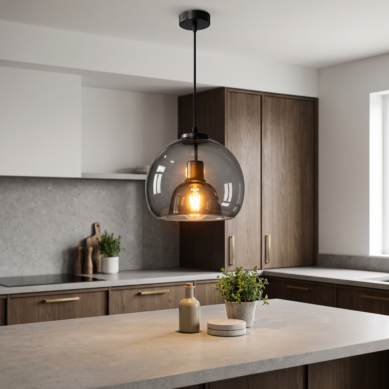 Nessa Pendant Light - Smoke Grey Glass Dome
