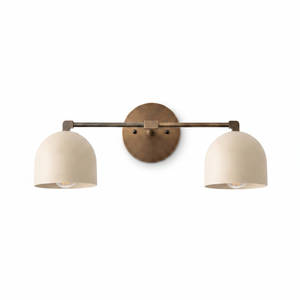Delane Dome Vanity Wall Light - White shades, Antique Brass hardware, white background hero