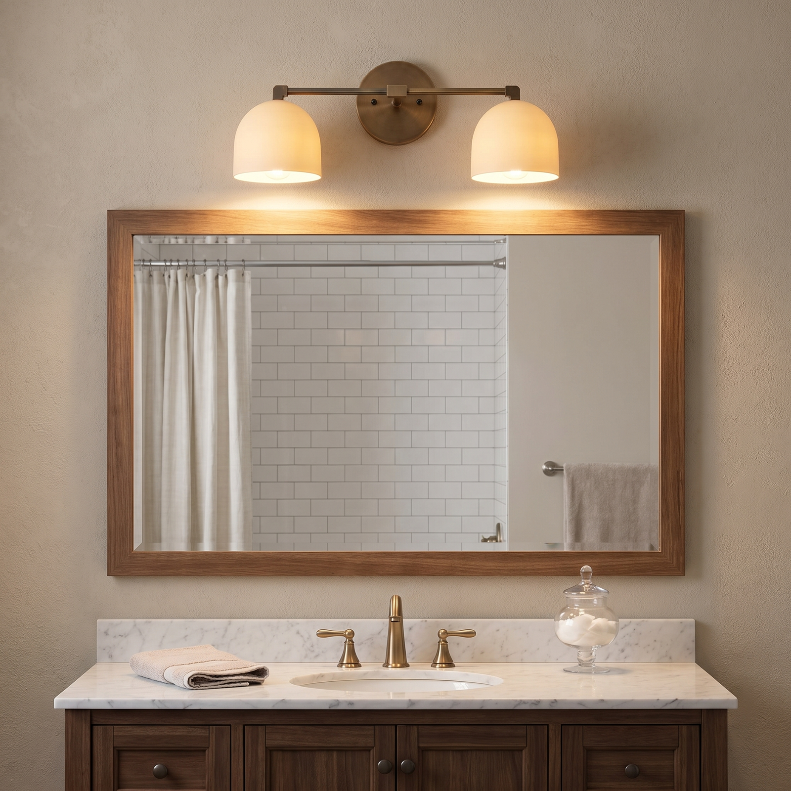 Delane Dome Vanity Wall Light - White shades, Antique Brass hardware, white background hero
