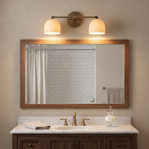 Delane Dome Vanity Wall Light - White/Antique Brass over bathroom vanity mirror
