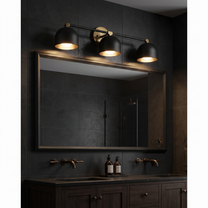 Delane Dome Vanity Wall Light - Black shades, Black/Antique Brass hardware, moody bathroom