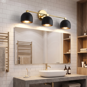 Delane Dome Vanity Wall Light - Black shades, Sealed Brass hardware, modern bathroom