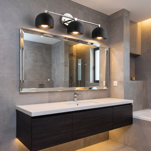 Delane Dome Vanity Wall Light - Black shades, Polished Nickel hardware, contemporary bathroom