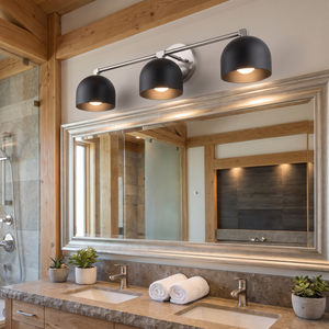 Delane Dome Vanity Wall Light - Black shades, Brushed Nickel hardware, spa-style bathroom