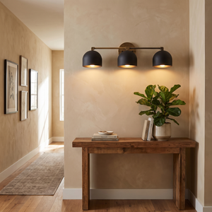 Delane Dome Vanity Wall Light - Black shades, Antique Brass hardware, entryway console