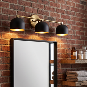 Delane Dome Vanity Wall Light - Black shades, Raw Brass hardware, industrial loft bathroom