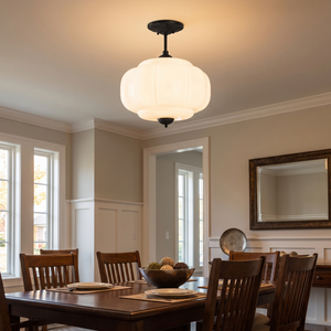 Lisette Scallop Semi-Flush Pendant - White/Black over dining table