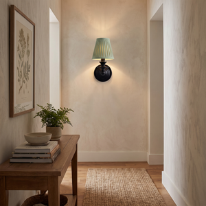 Ondine Drum Shade Wall Sconce - Sage Green Pleated hallway