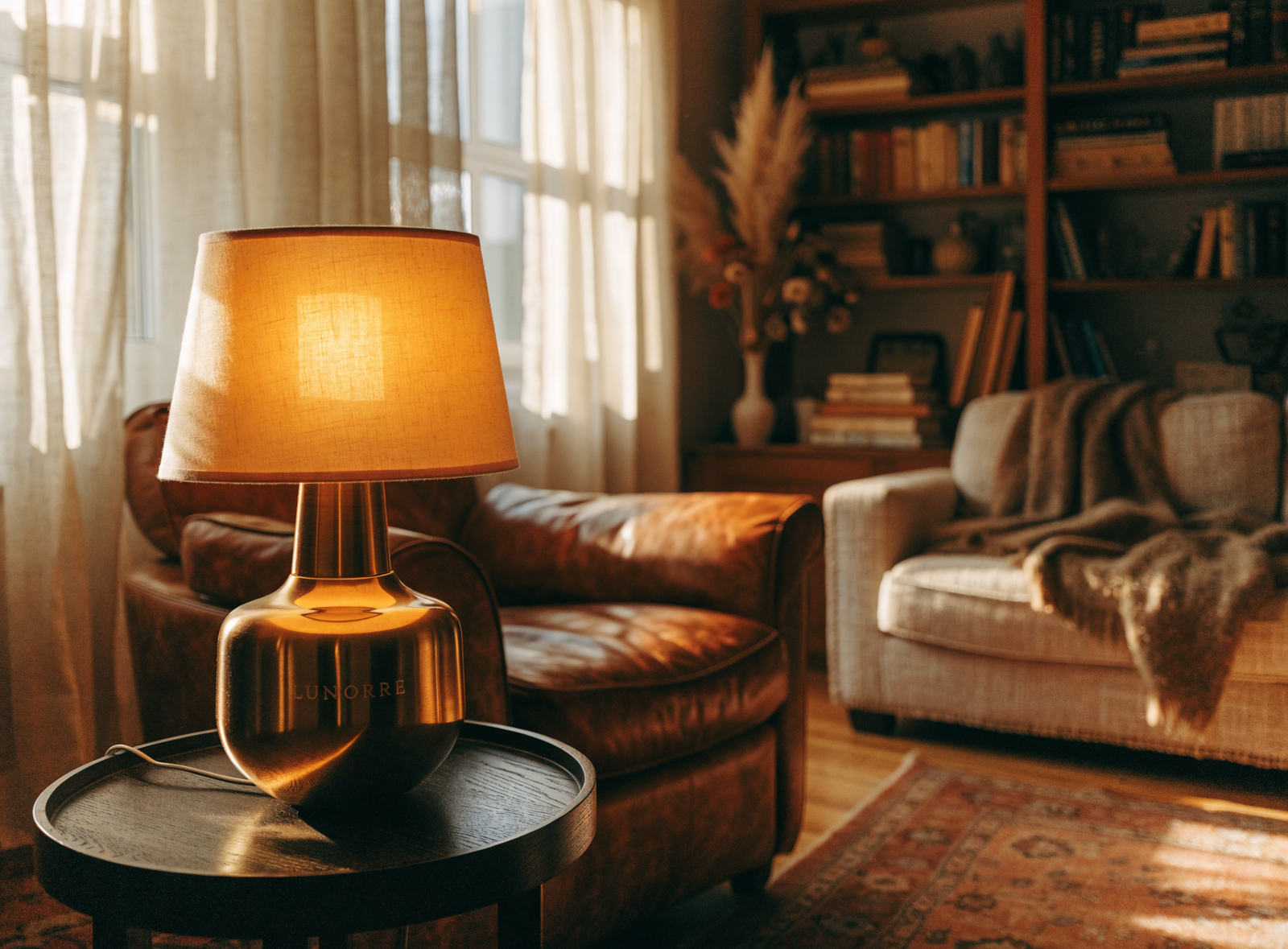 Lunorre engraved brass lamp in a warm living room