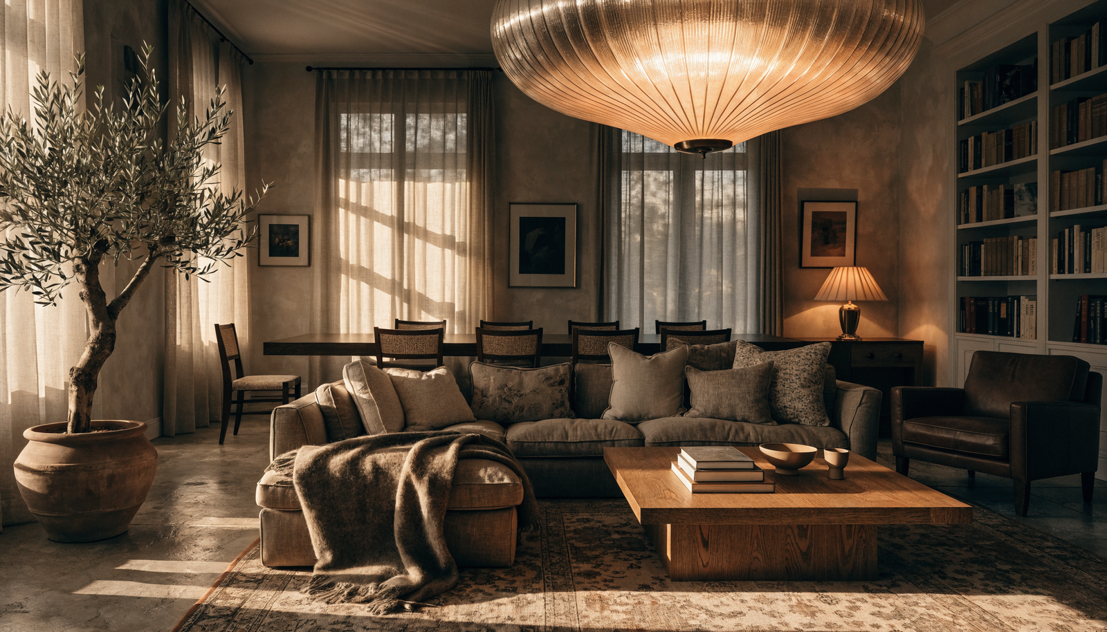 Furnished living and dining room with ceiling light and table lamp