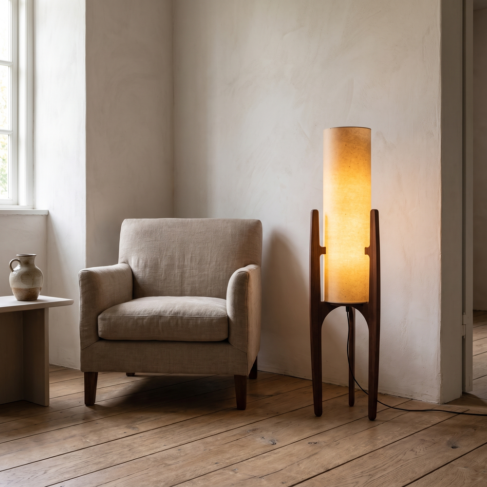 Solace Sculptural Floor Lamp in a reading corner beside a linen armchair