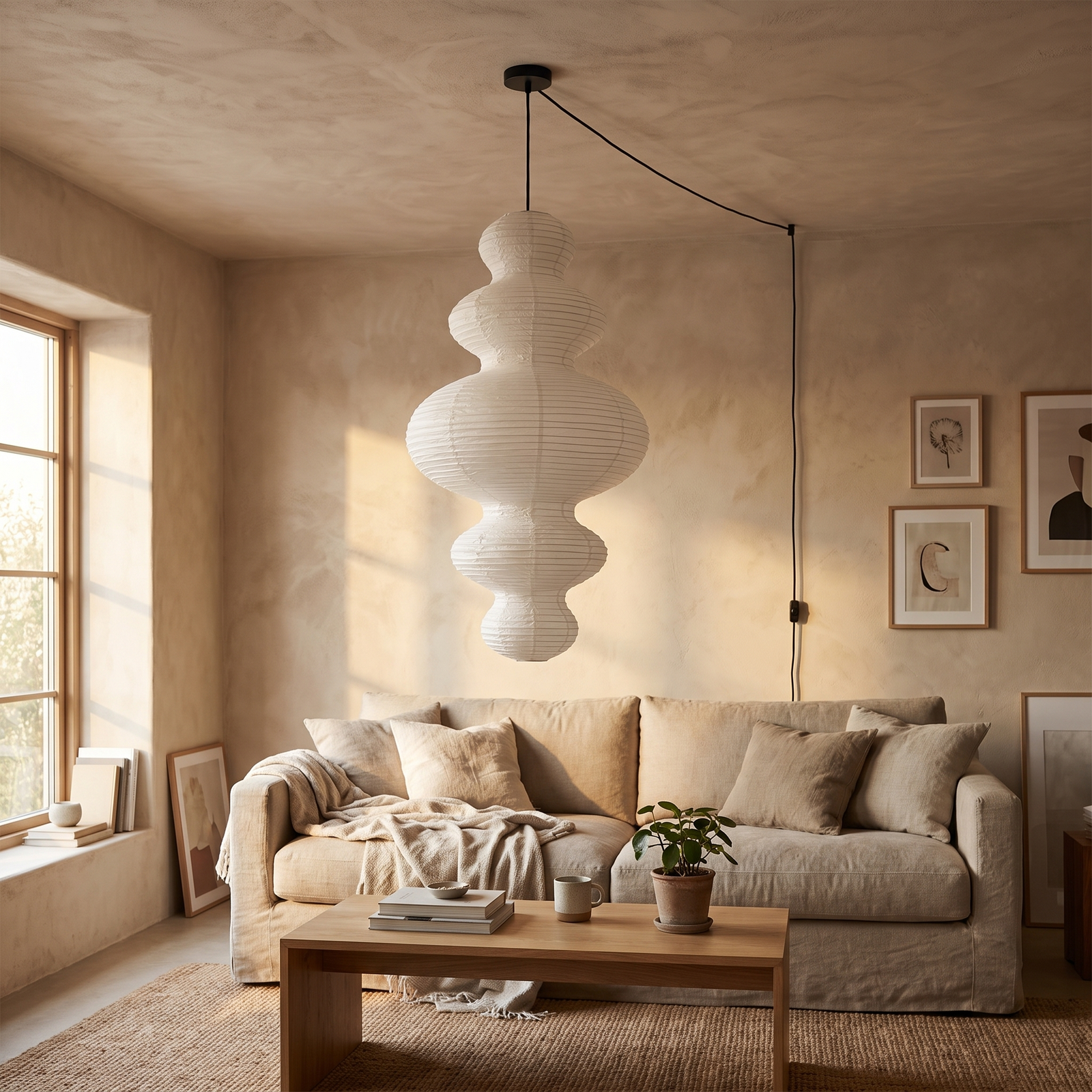 Sora Japandi Sculptural Rice Paper Plug In Pendant Lamp