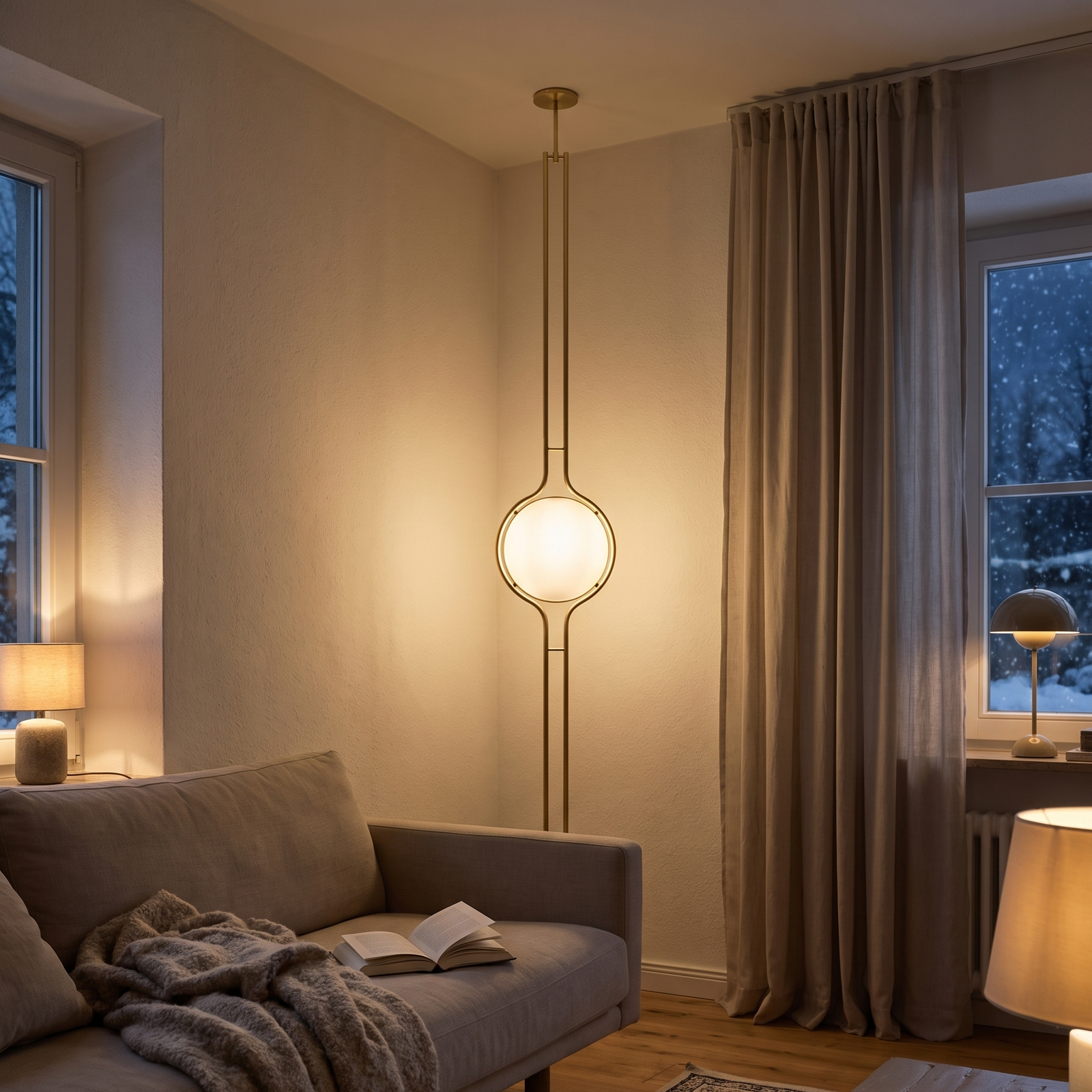 Oris Floor to Ceiling Lamp in gold lighting a living room on a winter evening