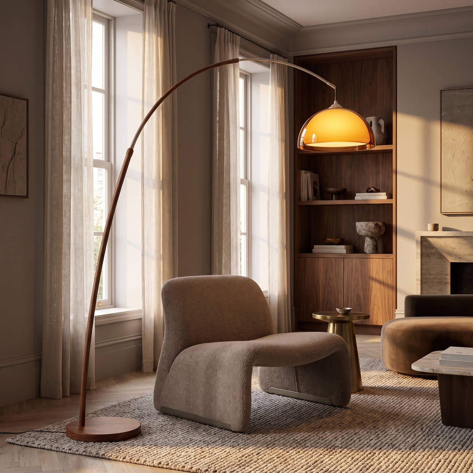 Arcadia Mid Century Walnut Oversized Arc Floor Lamp