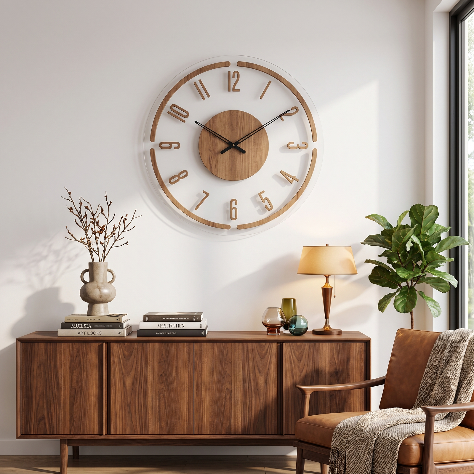 Silent Mid Century Nordic Wooden Wall Clock - 1 - white background