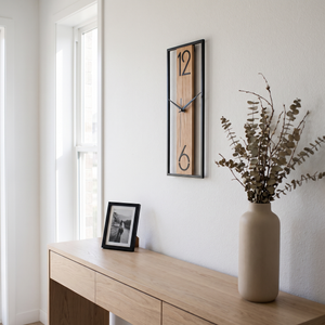 Silent Minimalist Open Frame Wood and Metal Wall Clock - hallway v2