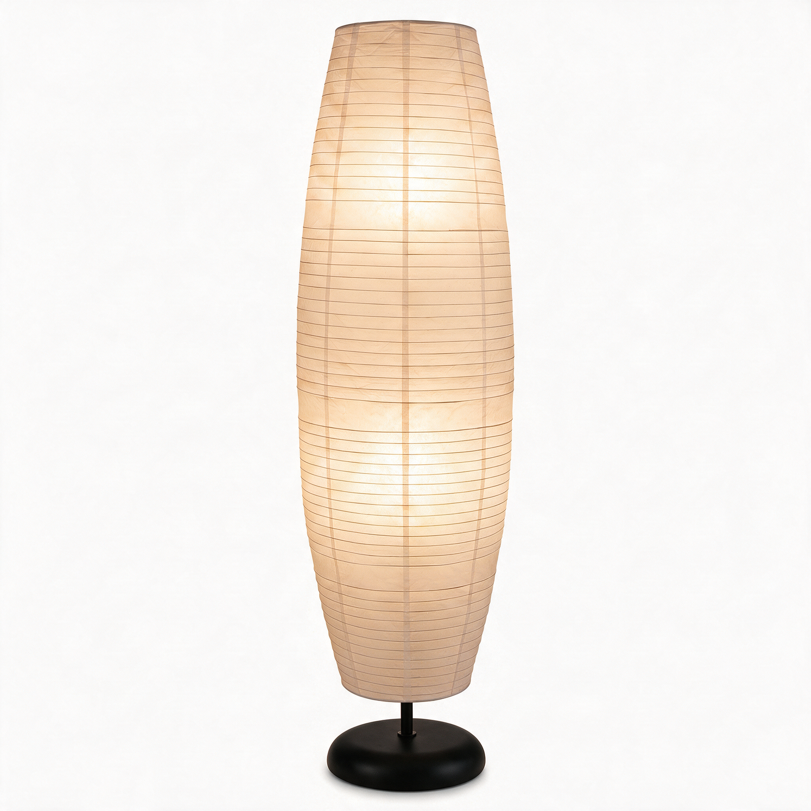 Anara Japandi rice paper floor lamp on a matte black dome base, studio hero shot