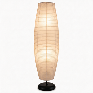 Anara Japandi rice paper floor lamp on a matte black dome base, studio hero shot