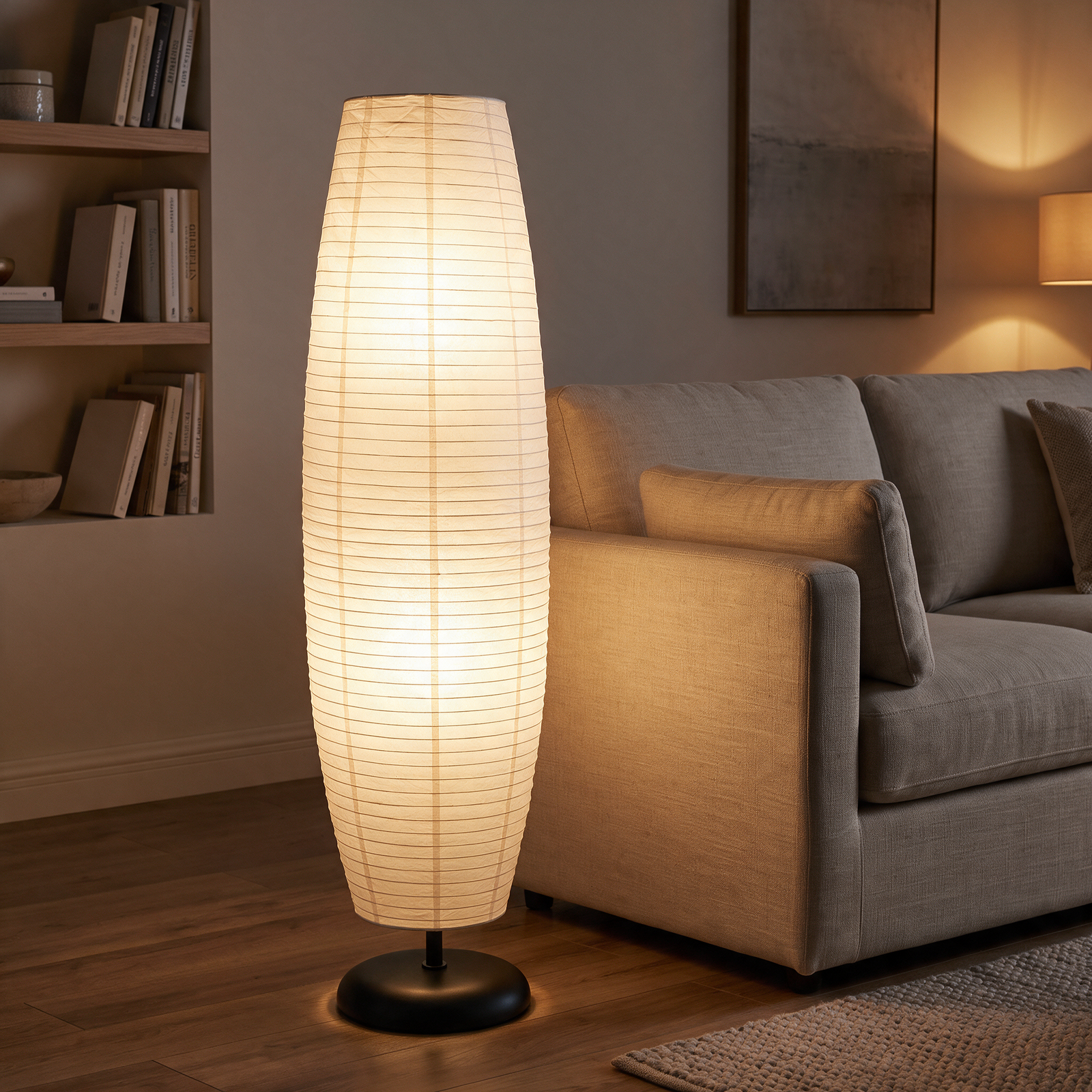 Anara Japandi rice paper floor lamp on a matte black dome base, studio hero shot