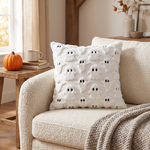 Frost Ghost plush cushion on a cream sofa in a farmhouse living room