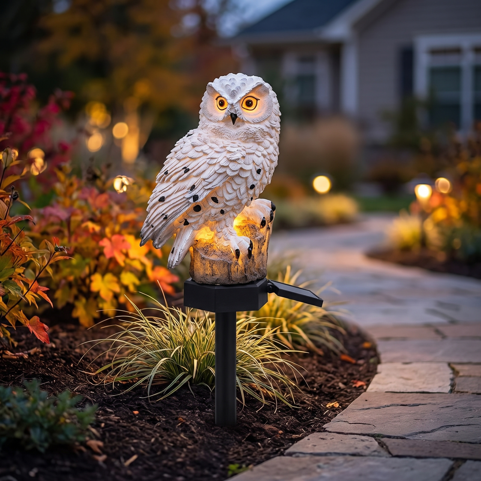 Solar owl garden stake light on a white background