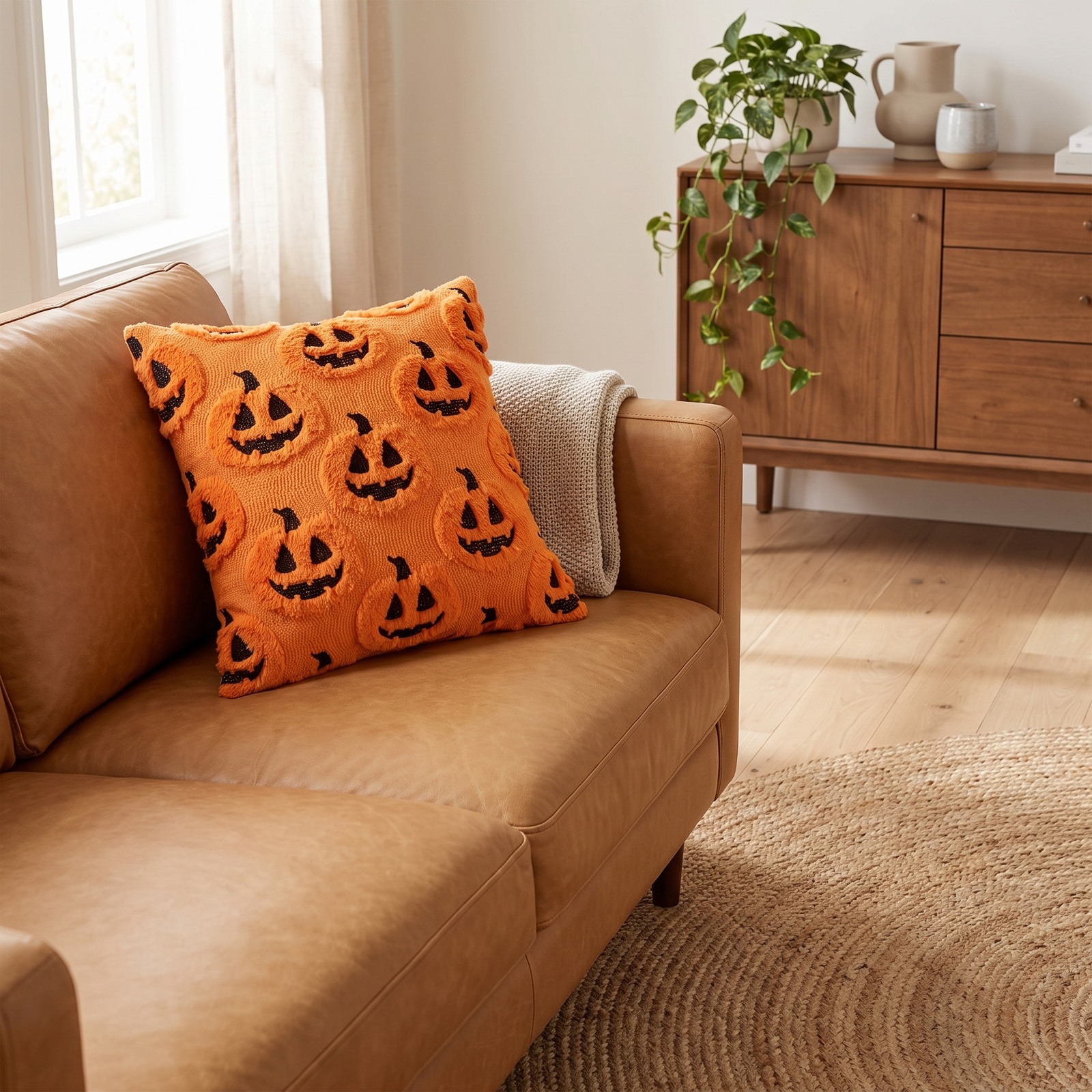 Faux fleece pumpkin cushion cover on a white background