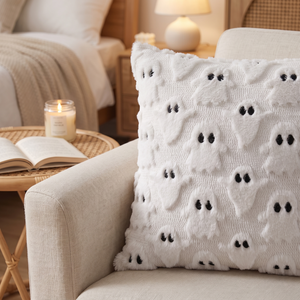 Close up of the pumpkin cushion fleece texture on an armchair