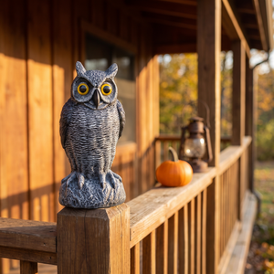 Owl statue on a front porch railing post