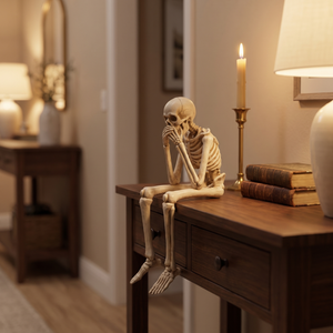 Skeleton figurine on a walnut console table with candlelight