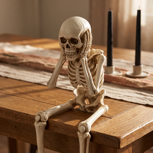 Close up of the skeleton figurine on an autumn dining table