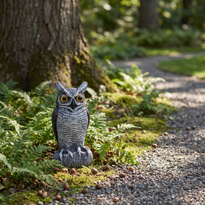 Owl statue among ferns beside a gravel garden path