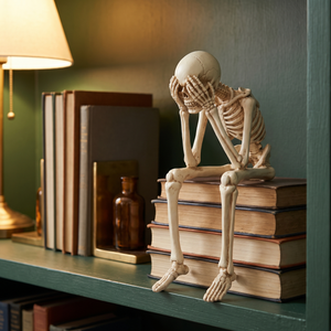 Skeleton figurine seated on books on a green bookshelf