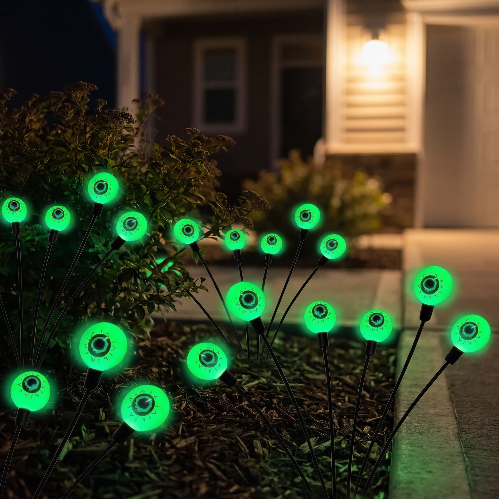 Solar eyeball garden stake light with six glowing green eyeball heads on a white background