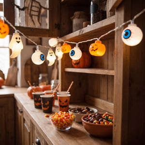 Eyeball LED string lights above a Halloween party counter