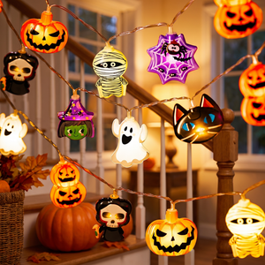 Assorted figure LED string lights along a staircase banister