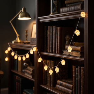Skull LED string lights along a dark wood bookshelf