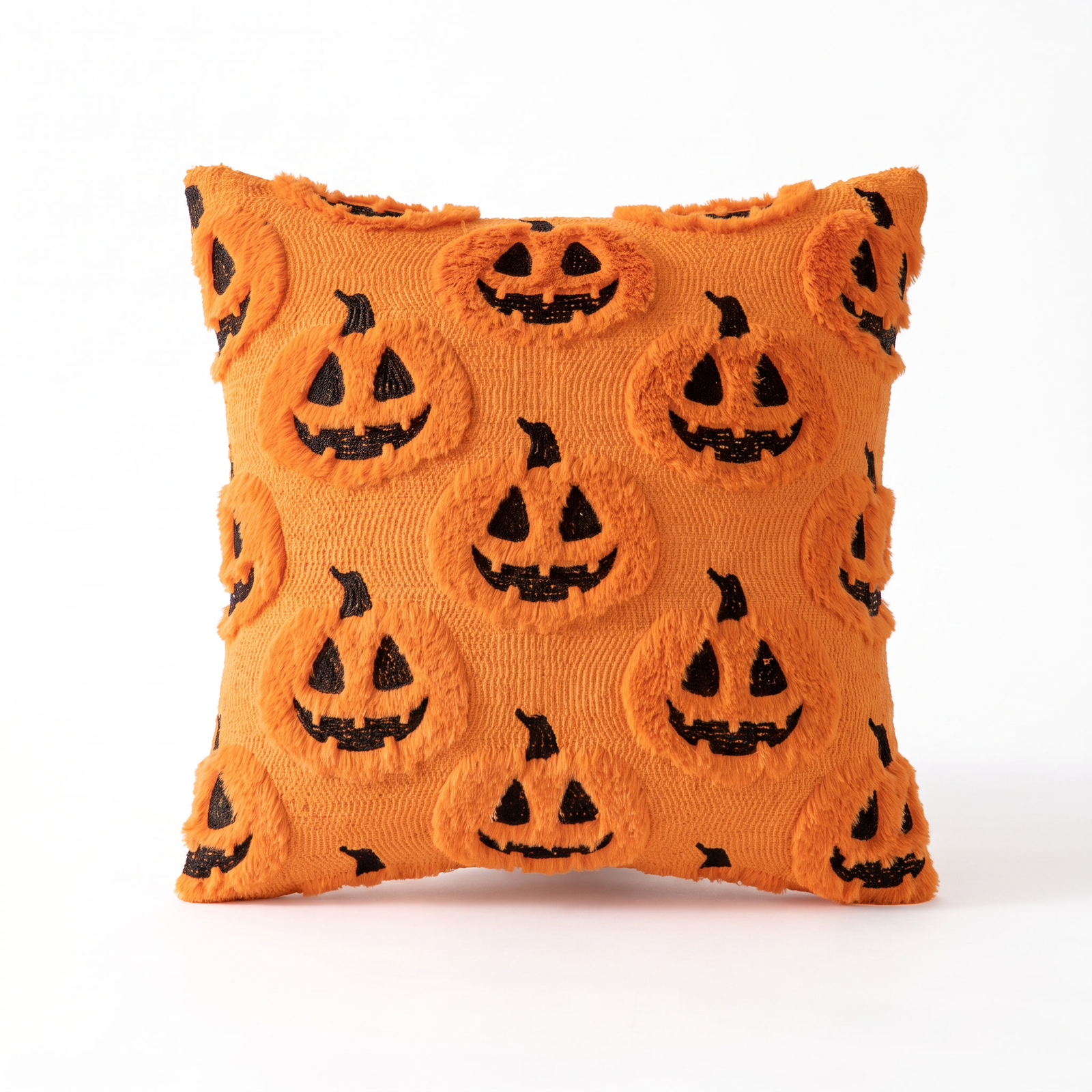 Faux fleece pumpkin cushion cover on a white background