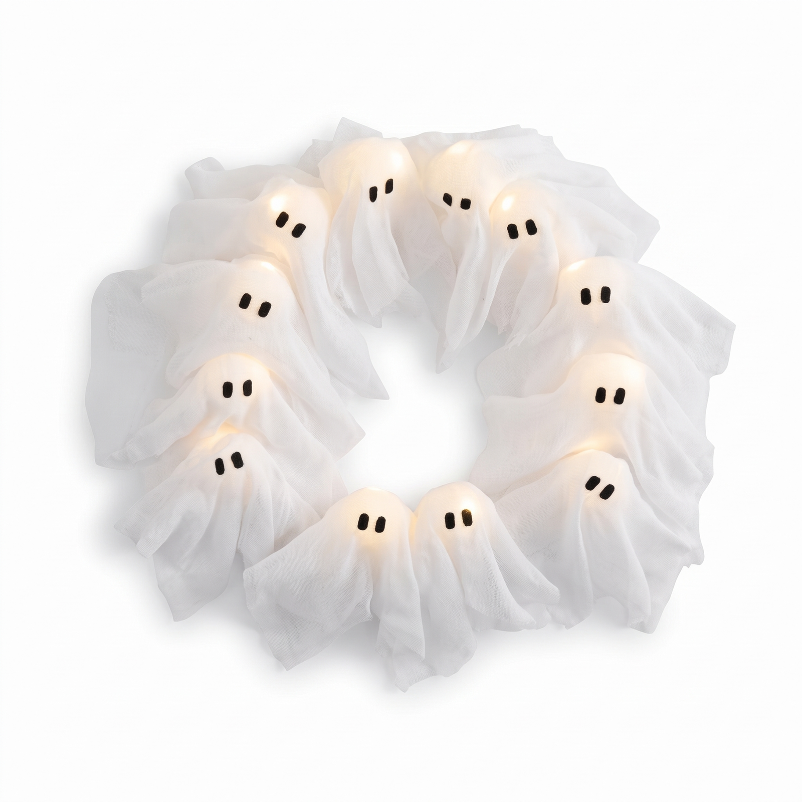 Lighted ghost wreath on a white background