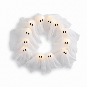 Lighted ghost wreath on a white background