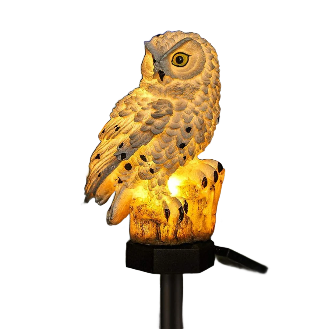 Solar owl garden stake light on a white background