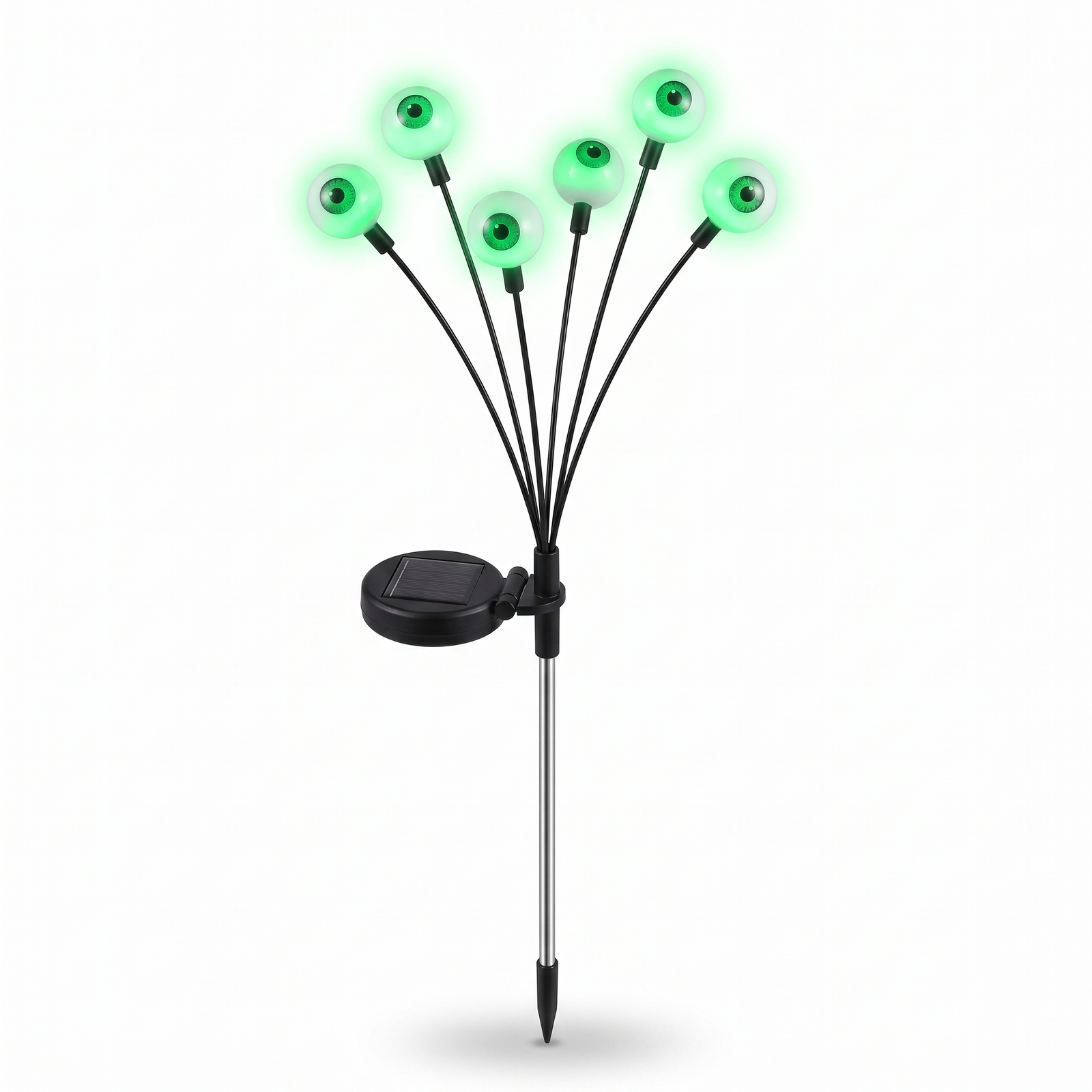 Solar eyeball garden stake light with six glowing green eyeball heads on a white background