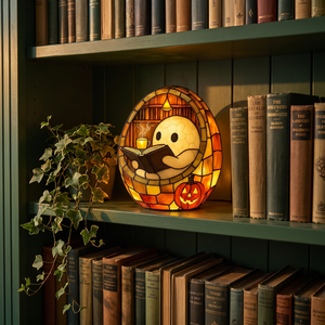 Ghostly Book Nook lamp lit on a green bookshelf
